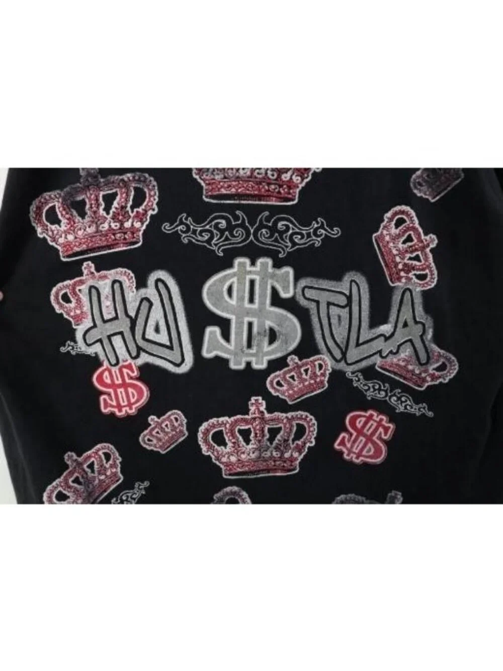 Vintage Streetwear Mens 3XL Distressed Hustla Money Tribal Crown T-Shirt Black